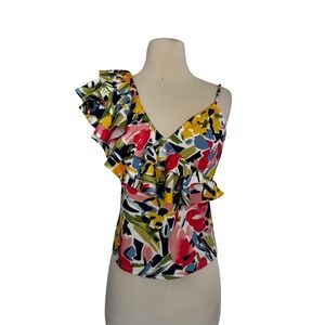 Nylon Apparel Womens Large One Shoulder Ruffle Top Abstract Floral Multicolor